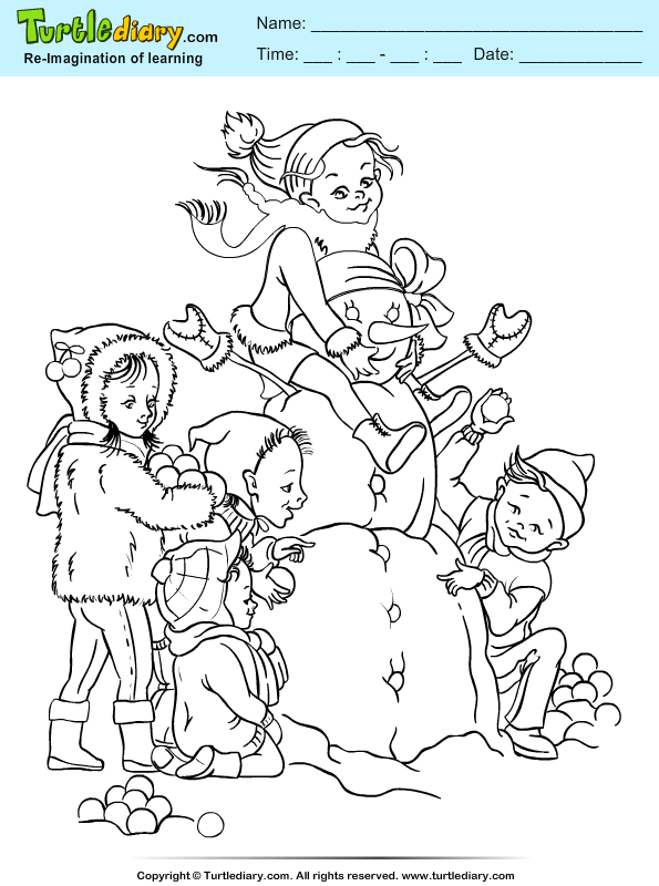 Kids Playing with Snowman Coloring Page