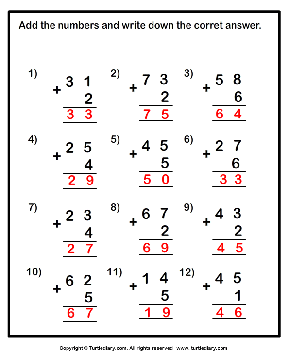 Two-digit Addition - with or Without Regrouping Answer