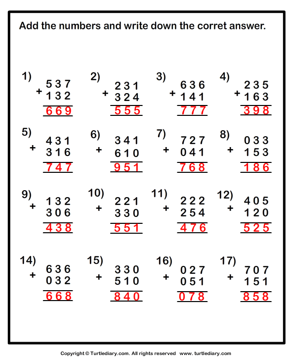 Three-digit Addition - with or Without Regrouping Answer