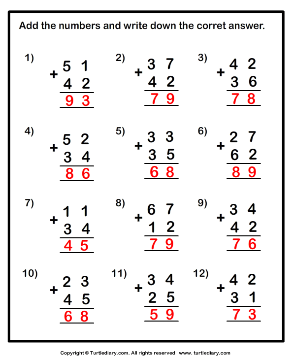 Two-digit Addition - with or Without Regrouping Answer
