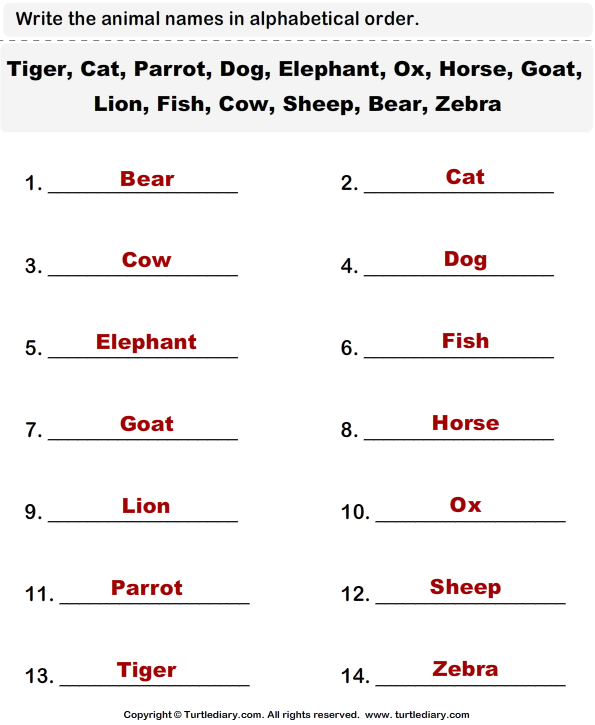 Write the Animal Names in Alphabetical Order Answer