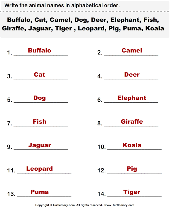 Write the Animal Names in Alphabetical Order Answer