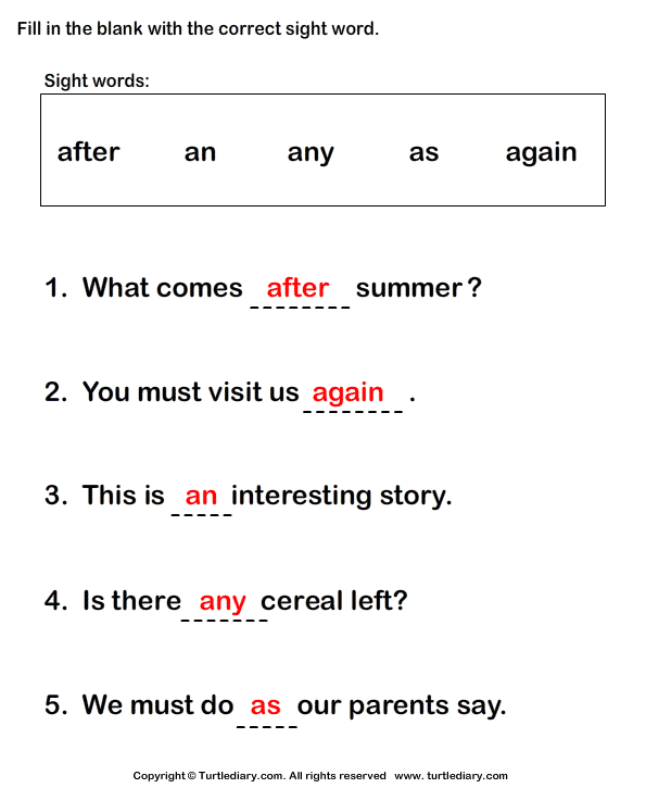 Fill in the Blanks Using Sight Words Answer