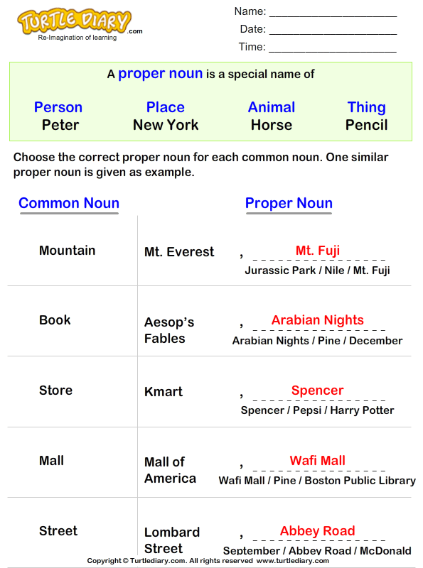 Write a Proper Noun for Common Nouns Answer