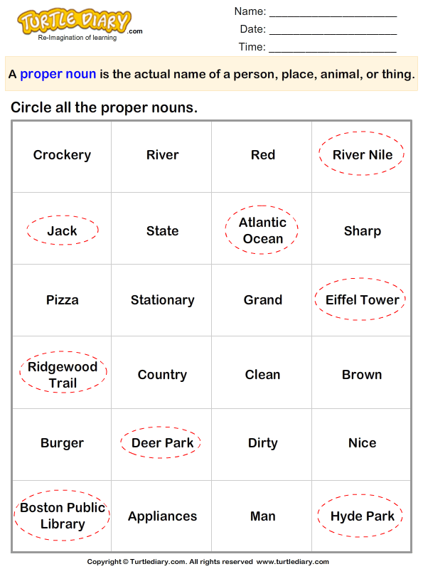 Circle the Proper Nouns Answer