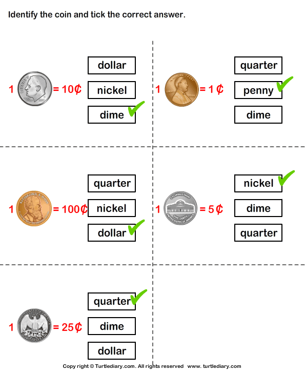 Name and Value of Coins Answer