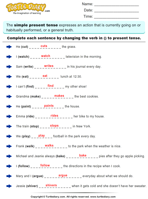 Change the Verbs to Present Tense Form Answer