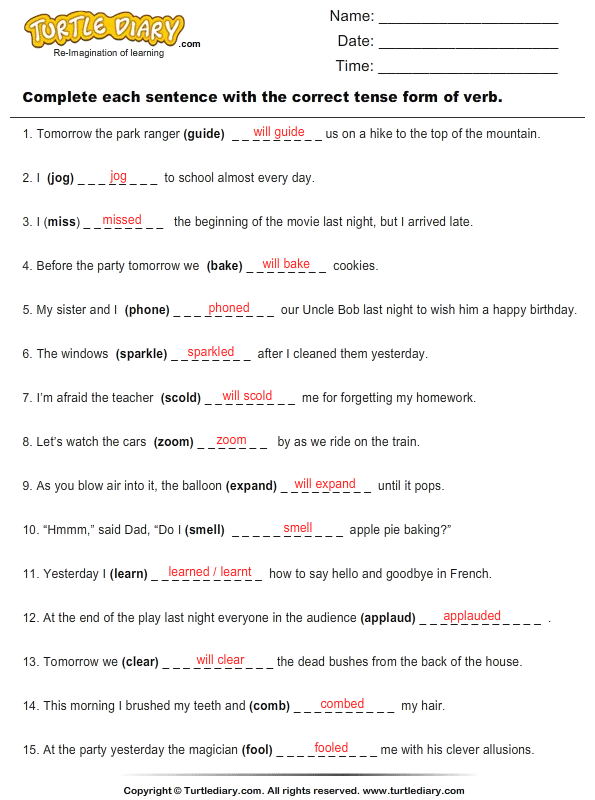 Write the Correct Tense Form of Verbs Answer