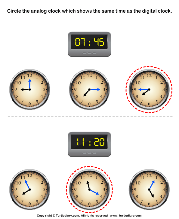 Match Analog and Digital Clocks Answer