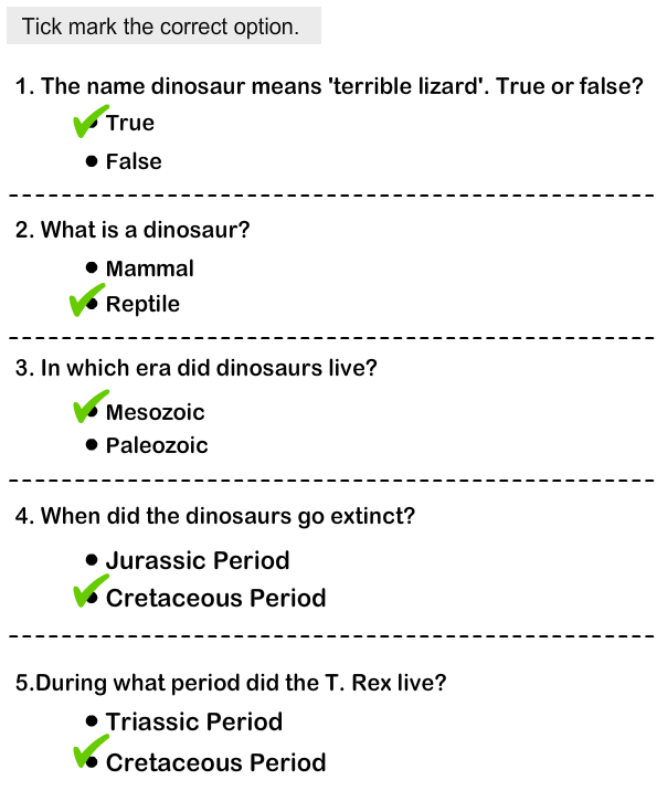Dinosaurs - Identify the Physical Features Answer