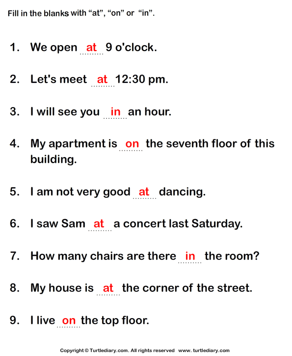 Fill in the Blanks with at, in, and On Answer