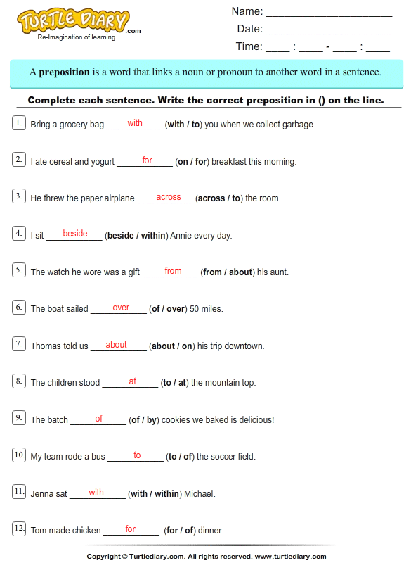 Use Prepositions to Complete the Sentence Answer