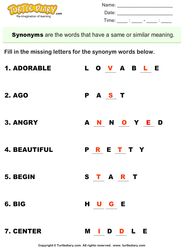 Complete the Synonyms Answer