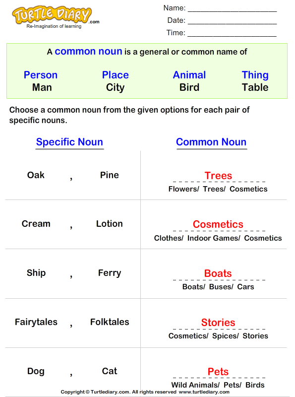 Write a Common Noun for Proper Nouns Answer