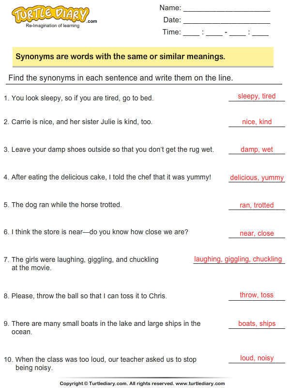 Identify and Write the Synonyms Answer