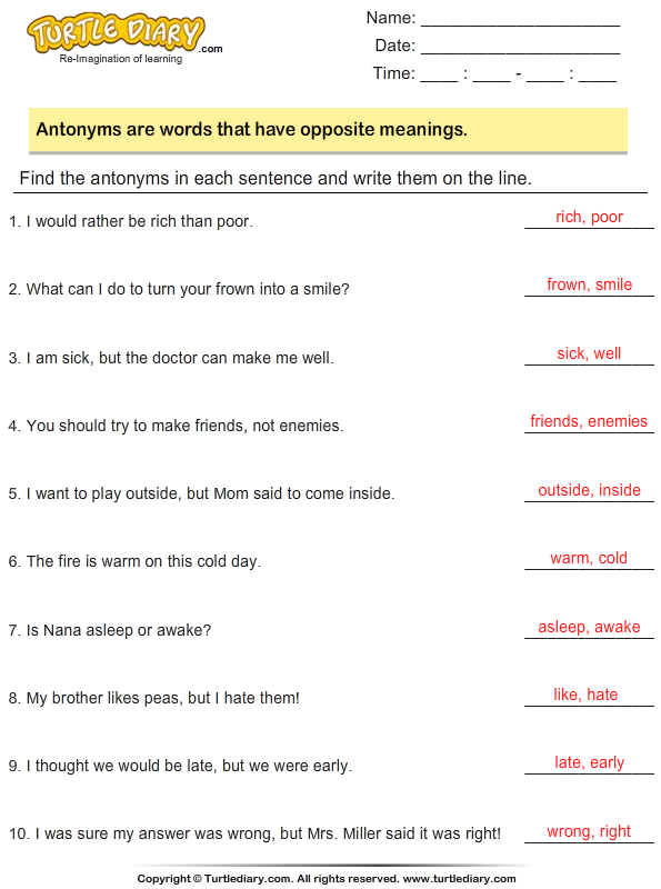 Identify and Write the Antonyms Answer