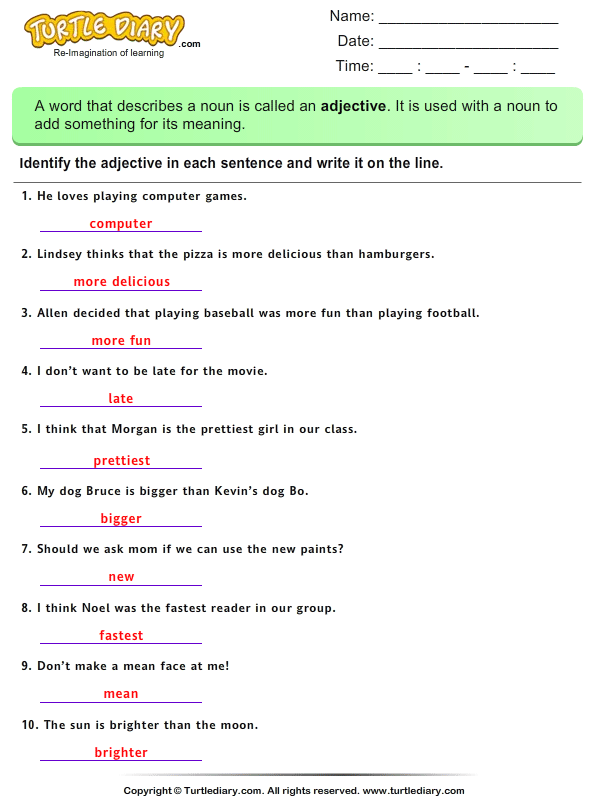 Identify Adjectives Answer