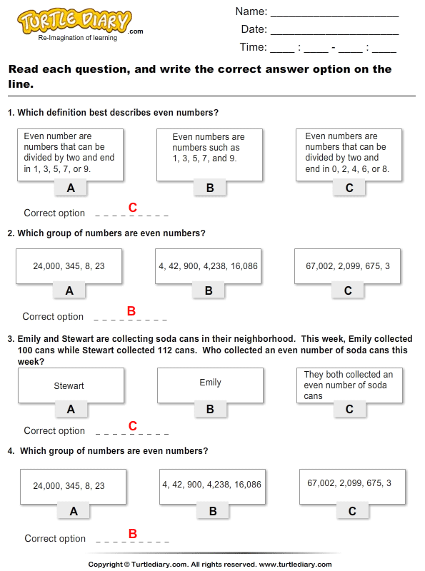 Even Numbers : Multiple Choice Questions Answer