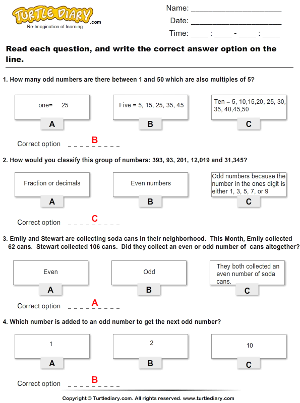 Odd Numbers : Multiple Choice Questions Answer