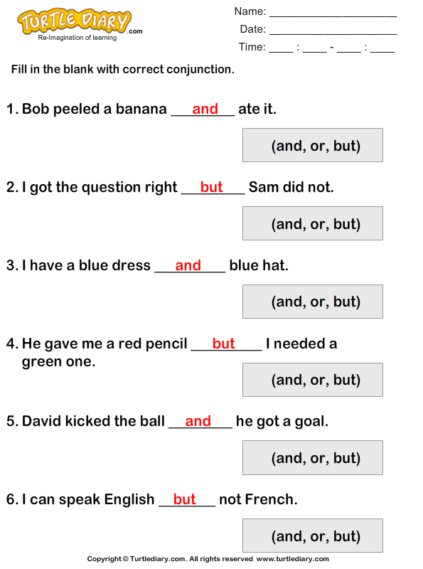 Fill in the Blanks Using Conjunctions Answer