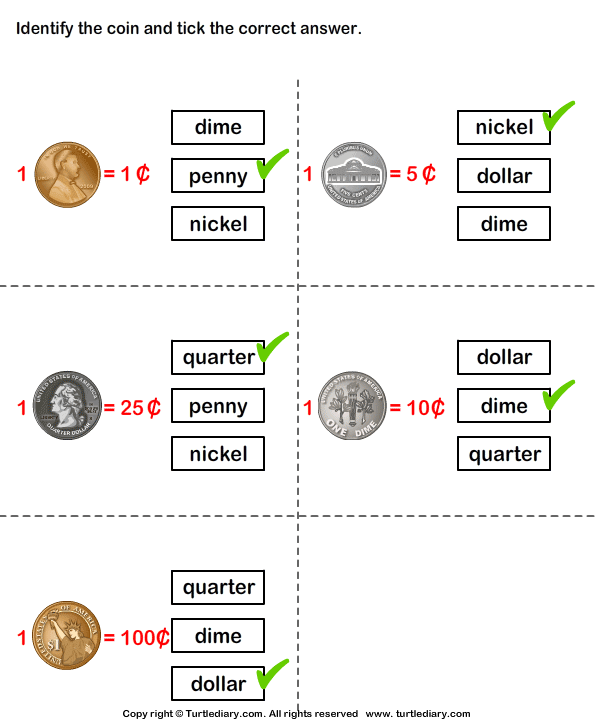 Name and Value of Coins Answer