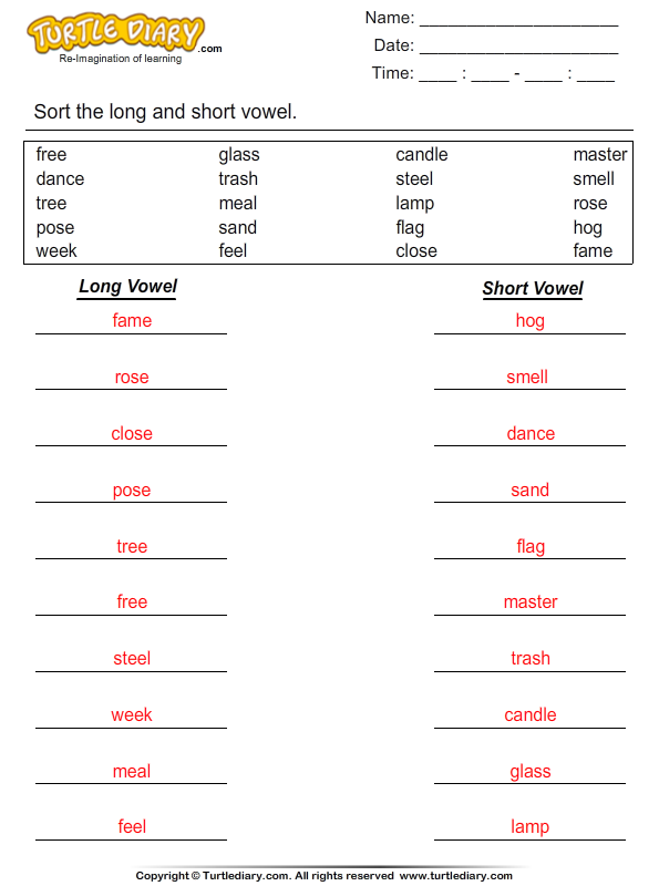 Sort the Long and Short Vowels Answer