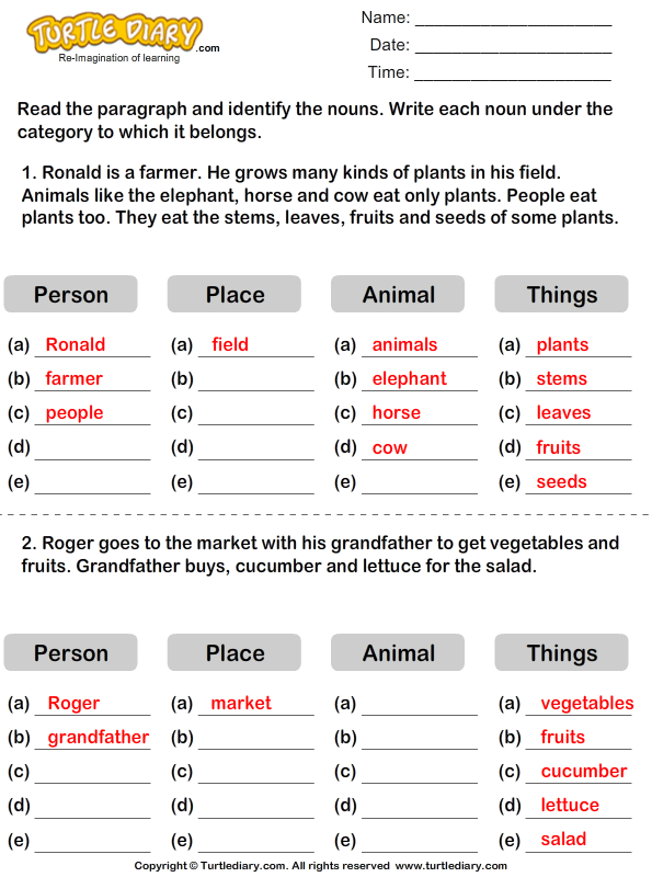 Find Nouns in a Paragraph Answer