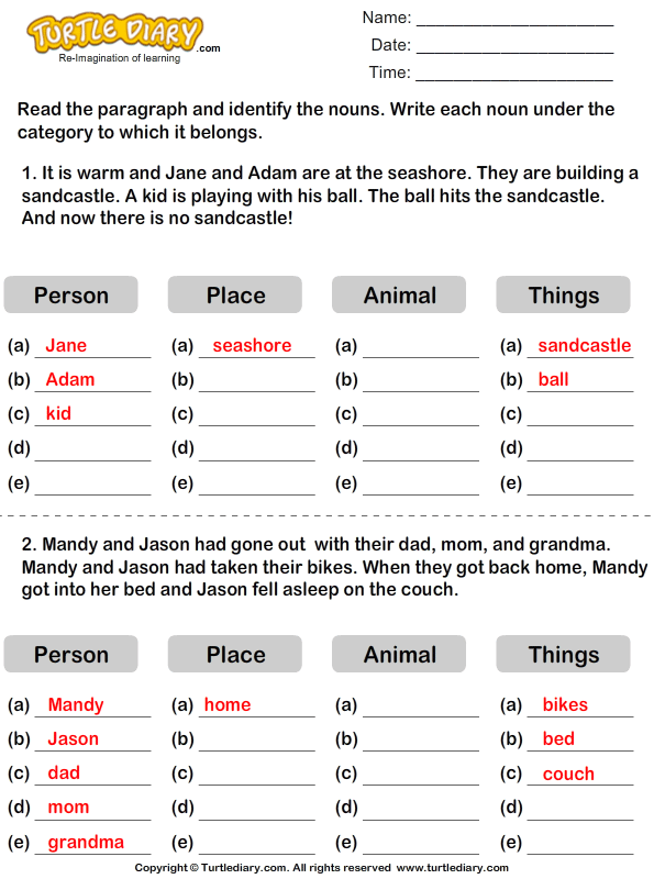 Find Nouns in a Paragraph Answer
