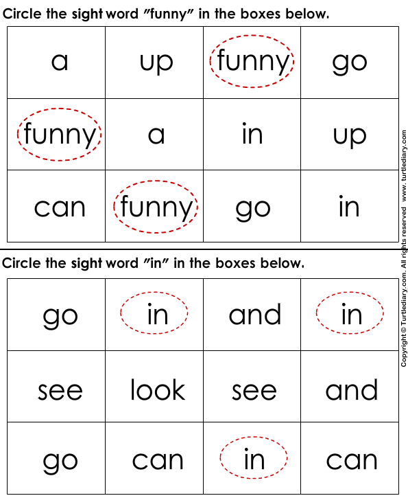 Identify Sight Words Answer