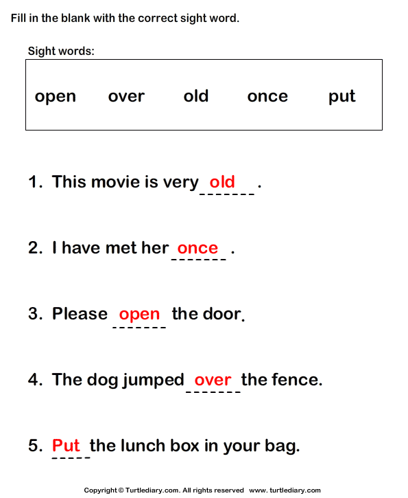 Fill in the Blanks Using Sight Words Answer