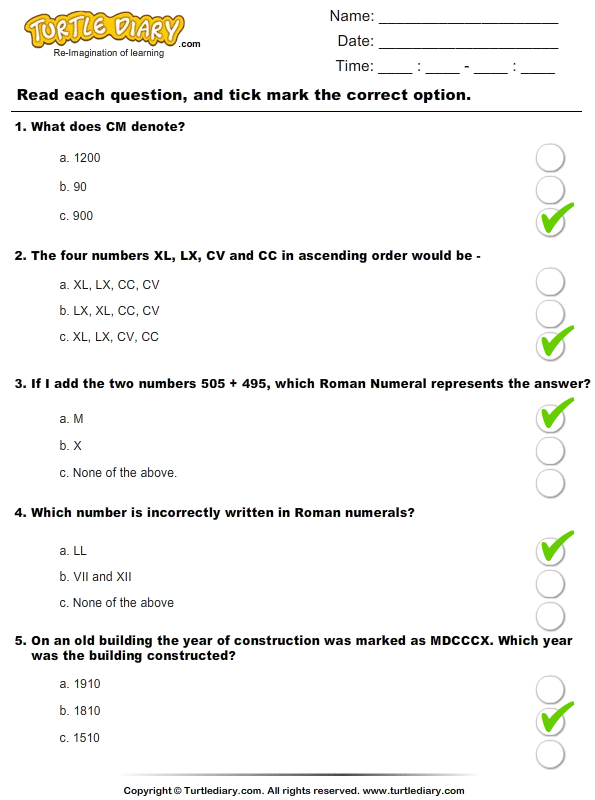 Roman Numerals (Xx Above) : Multiple Choice Questions Answer