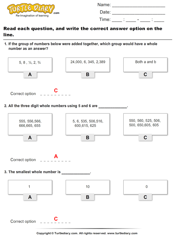 Whole Numbers : Choose the Correct Option Answer