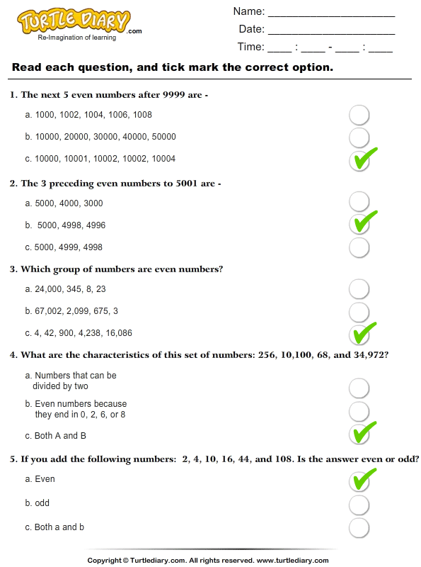 Even Numbers : Multiple Choice Questions Answer