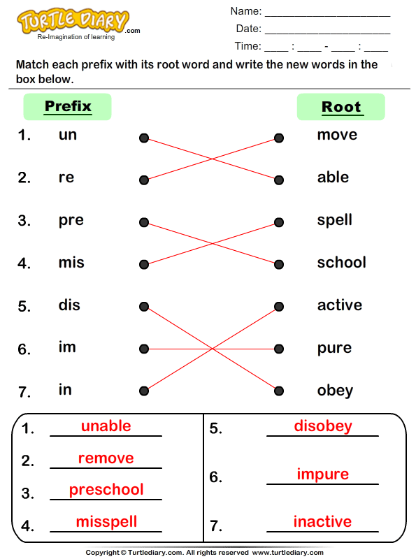 Match Prefixes to Root Words Answer