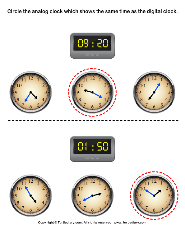 Match Analog and Digital Clocks Answer