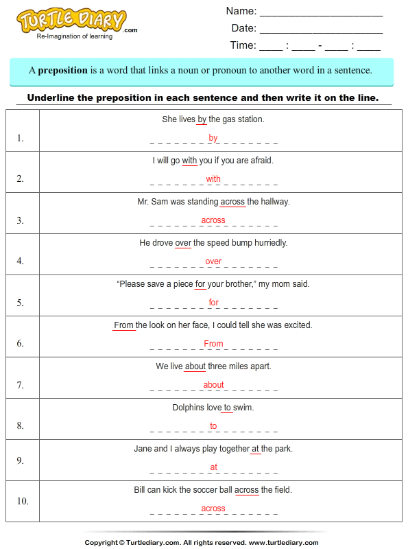 Identify Prepositions Answer