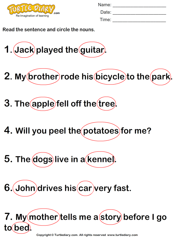 Circle Nouns in a Sentence Answer
