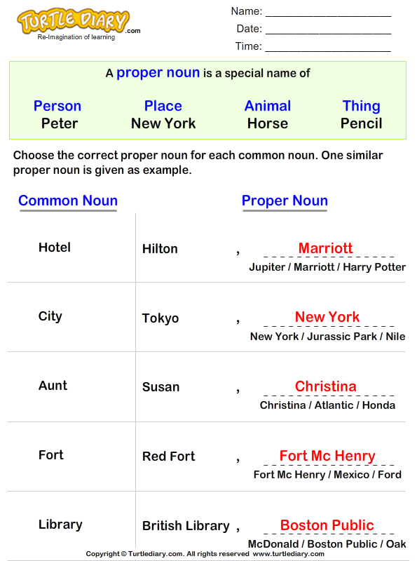 Write a Proper Noun for Common Nouns Answer