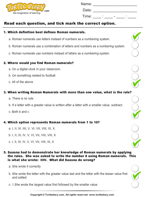 Roman Numerals (I - Xx) : Multiple Choice Questions Answer