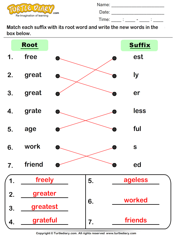 Match Suffixes to Root Words Answer