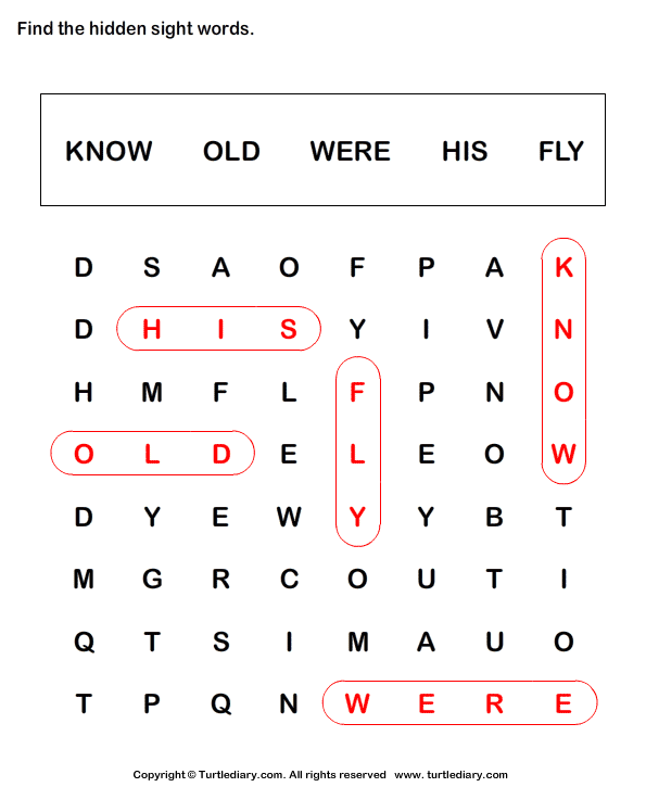 Sight Word Crossword Answer