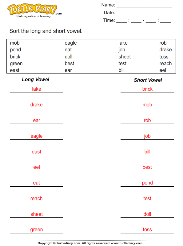 Sort the Long and Short Vowels Answer