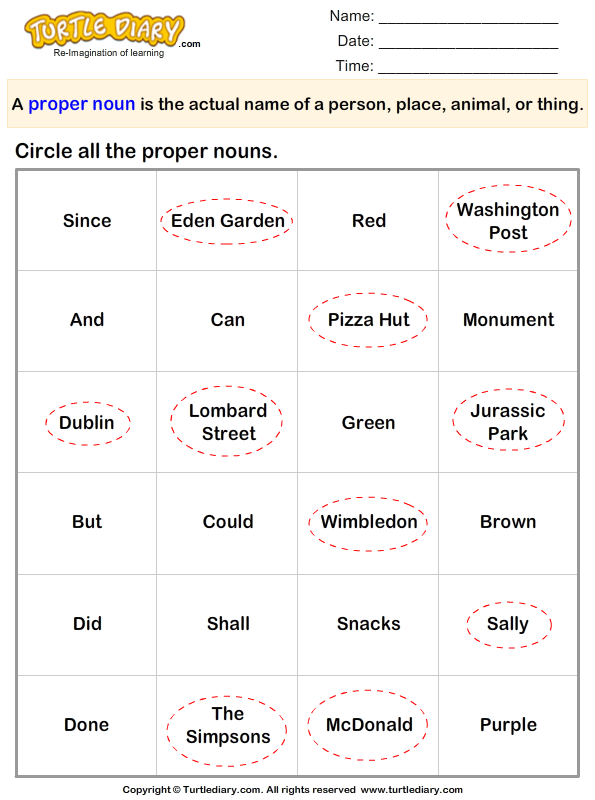Circle the Proper Nouns Answer