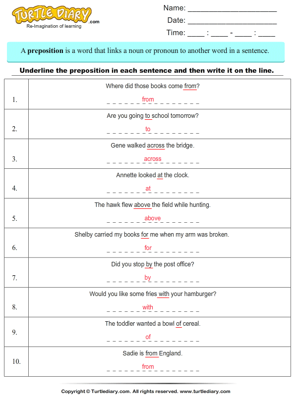 Identify Prepositions Answer