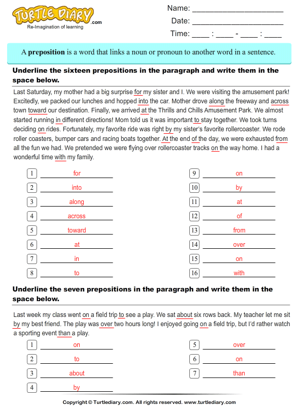 Underline Prepositions in the Paragraph Answer