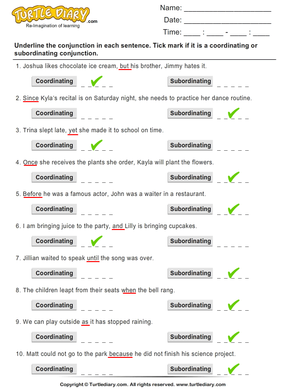 Identify Conjunctions as Coordinating or Subordinating Answer