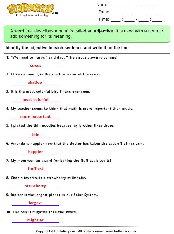 Identify Adjectives Answer