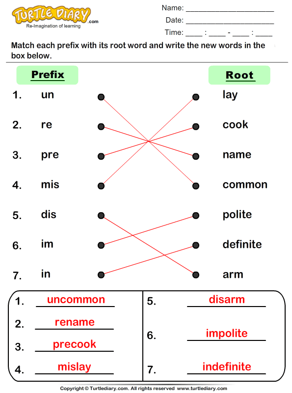 Match Prefixes to Root Words Answer