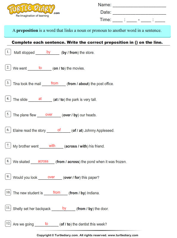 Use Prepositions to Complete the Sentence Answer