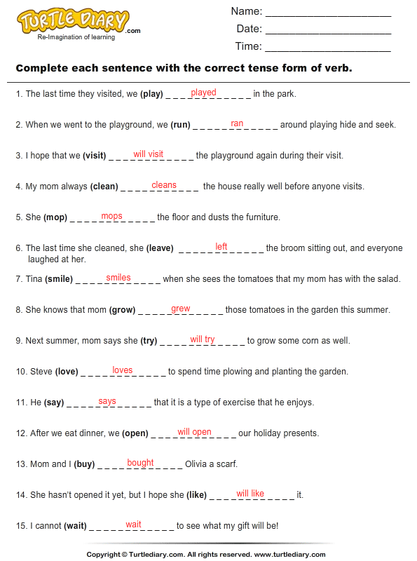 Write the Correct Tense Form of Verbs Answer